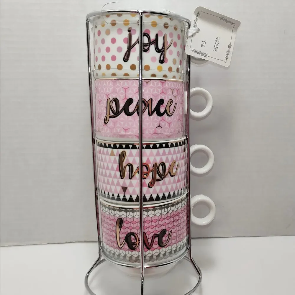 Sweet Living Joy Peace Hope Love Porcelain Stackable Mug Set